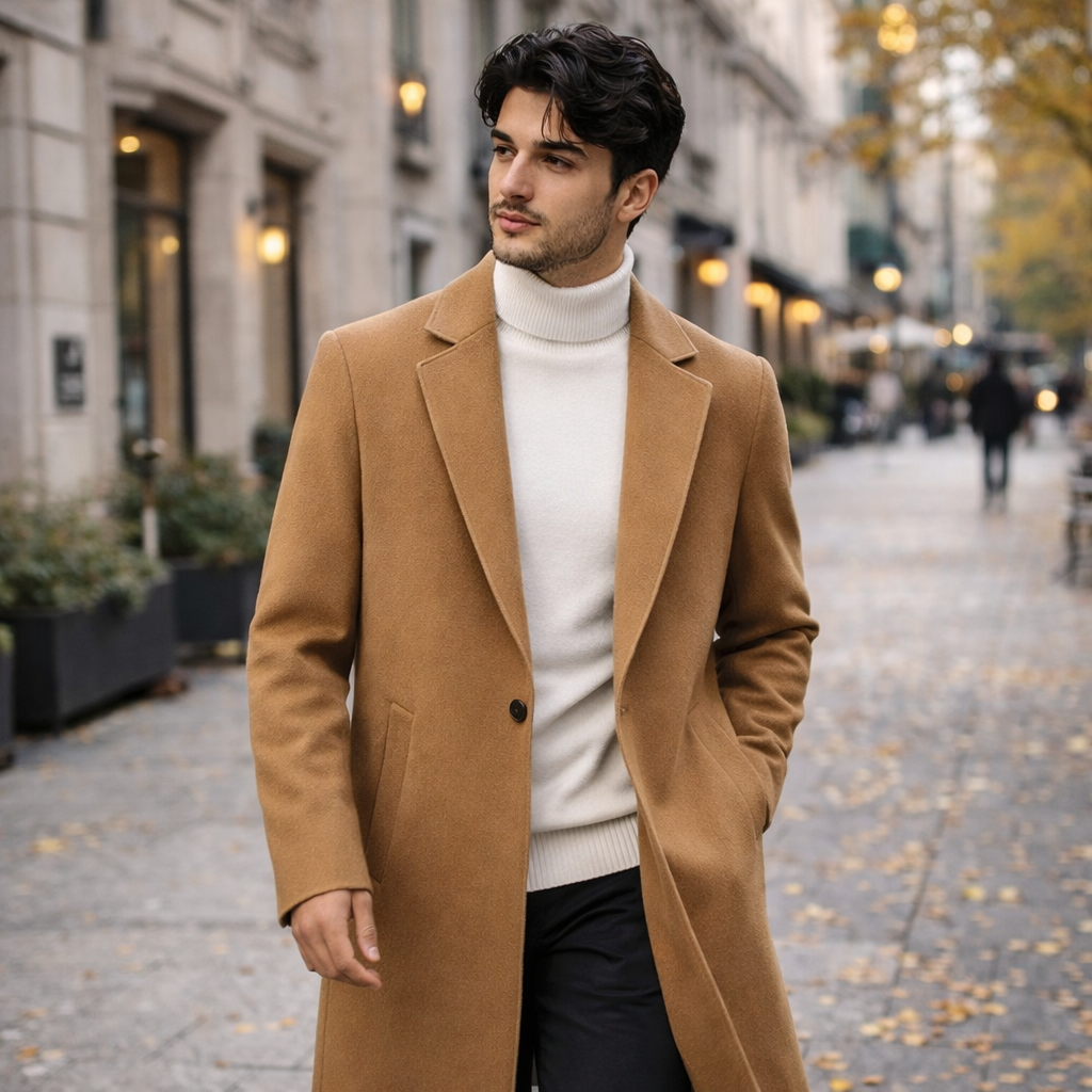Man wearing a brown coat and white sweater on a city street.