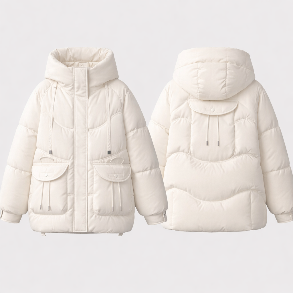 White puffer jacket shown from front and back on a light gray background