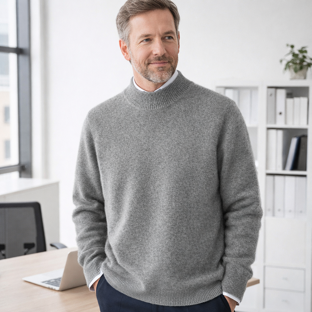 Man wearing a gray sweater in an office setting