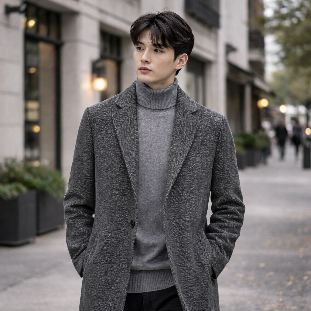 Man wearing a gray coat and sweater on a city street