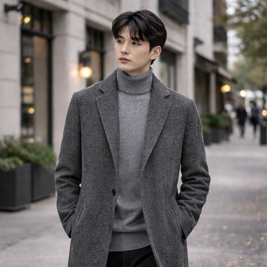 Man wearing a gray coat and sweater on a city street