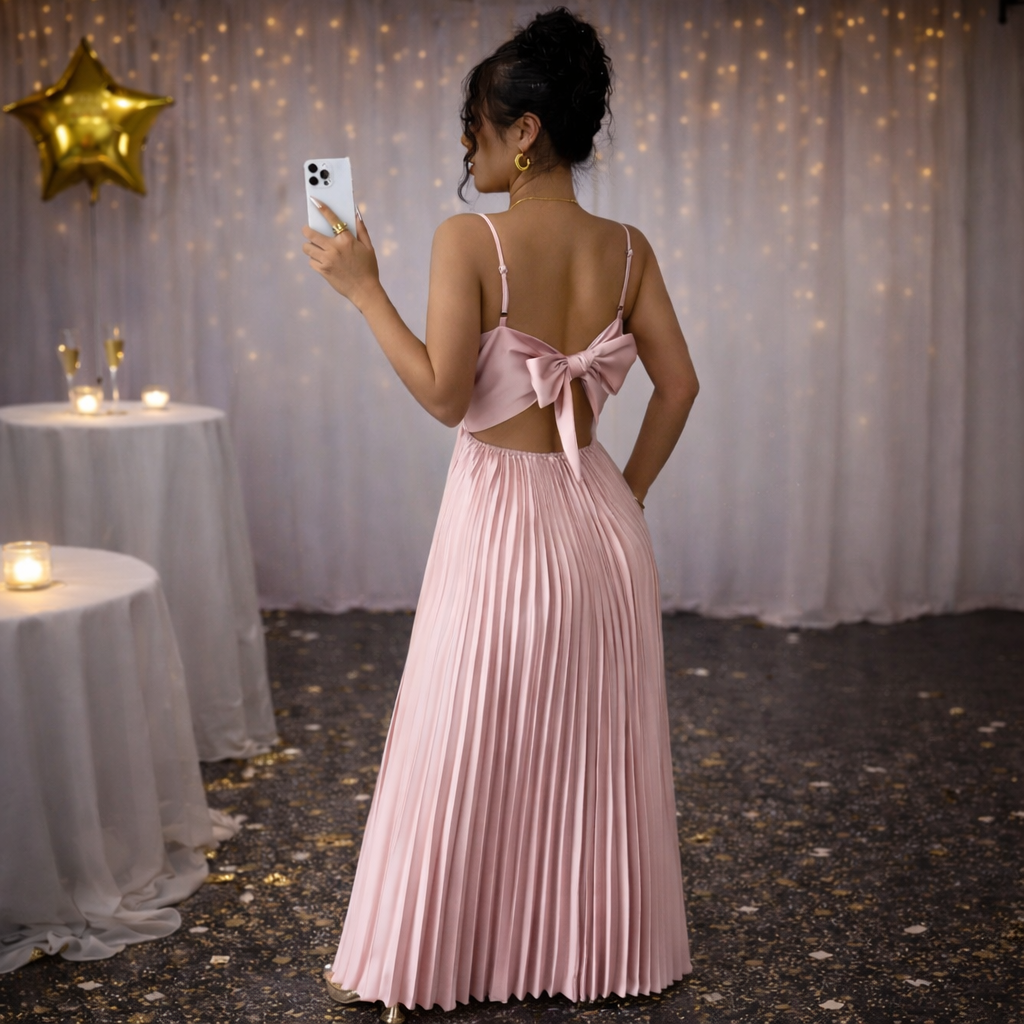 Blush Pink Pleated Maxi Dress with Open Back Bow – Slim Fit Celebrity Style