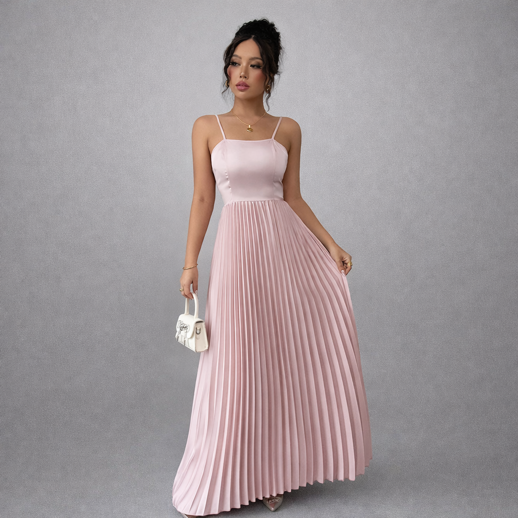 Blush Pink Pleated Maxi Dress with Open Back Bow – Slim Fit Celebrity Style