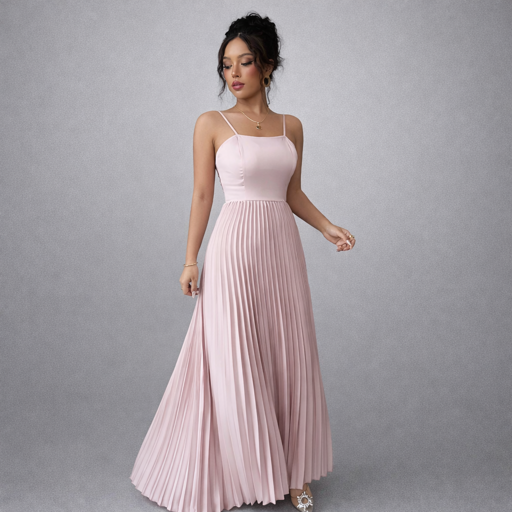Blush Pink Pleated Maxi Dress with Open Back Bow – Slim Fit Celebrity Style