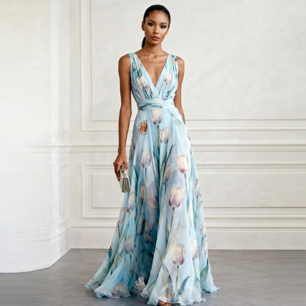 Bluesy Tulip Print Chiffon Maxi Dress – Elegant Sleeveless V-Neck