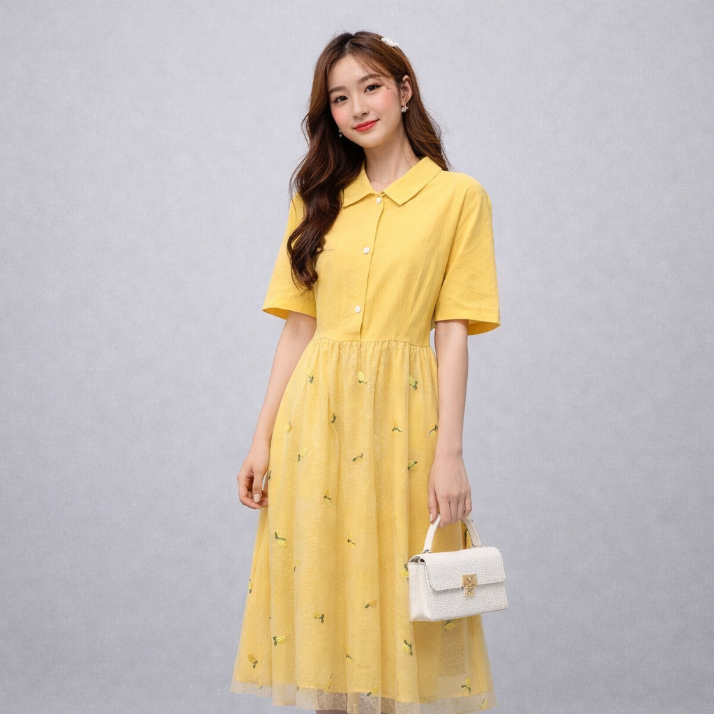 Yellow Mesh Polo Pleated Midi Dress – Embroidered Lightweight Summer Dress