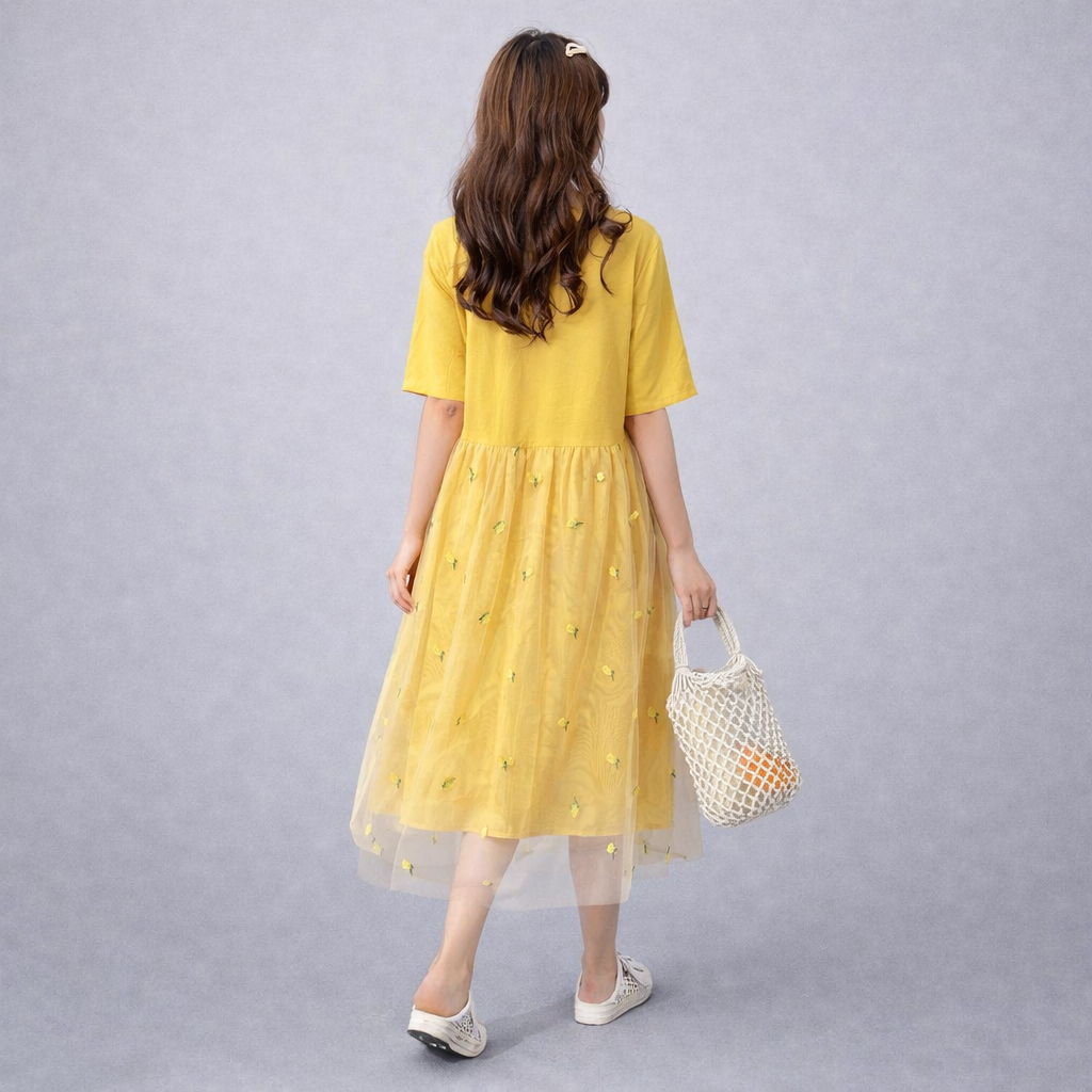 Yellow Mesh Polo Pleated Midi Dress – Embroidered Lightweight Summer Dress