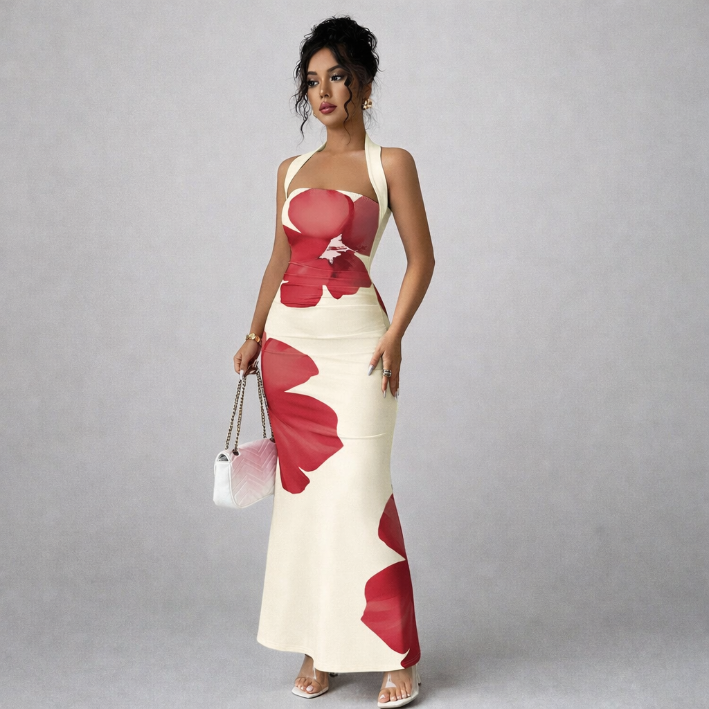 Woman wearing red floral halterneck slim fit floor-length bodycon dress.