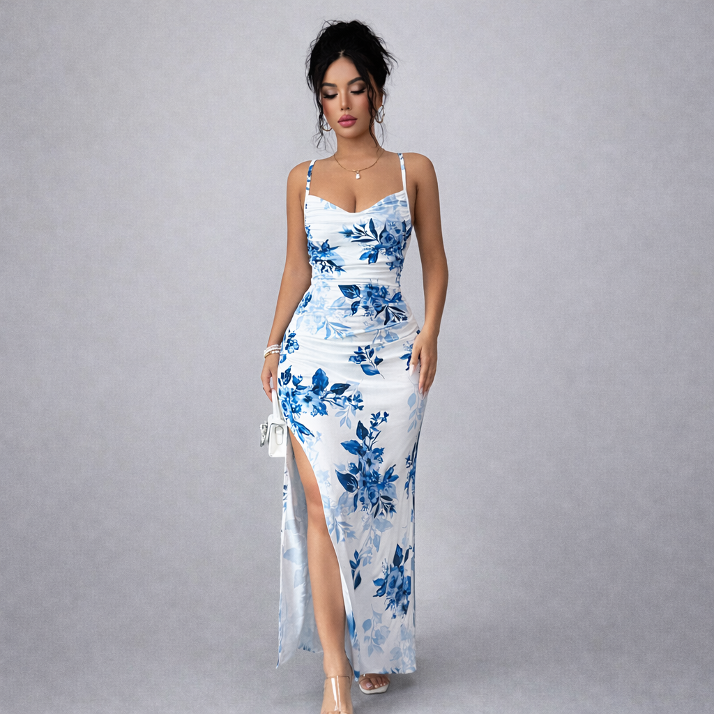 White and blue floral backless maxi dress front view with side slit