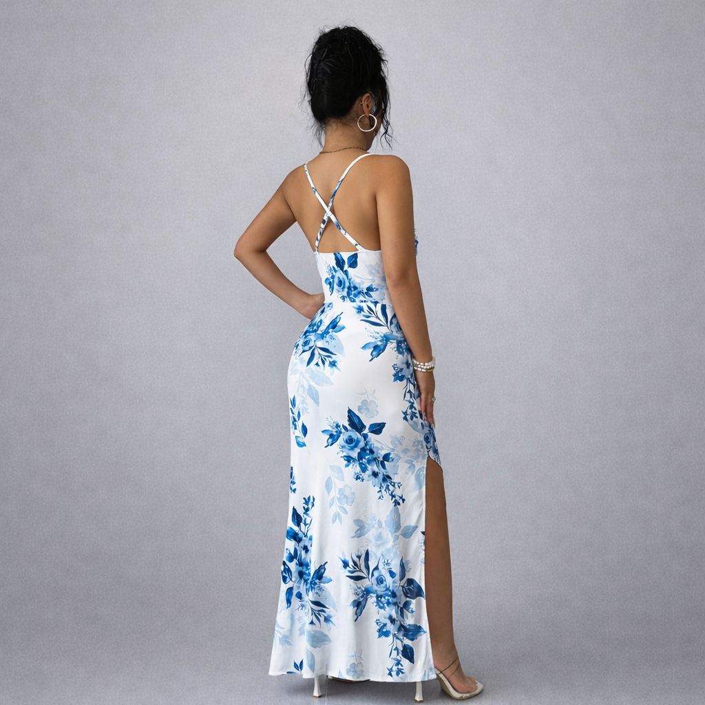 Woman wearing a white floral dress with blue flowers on a gray background