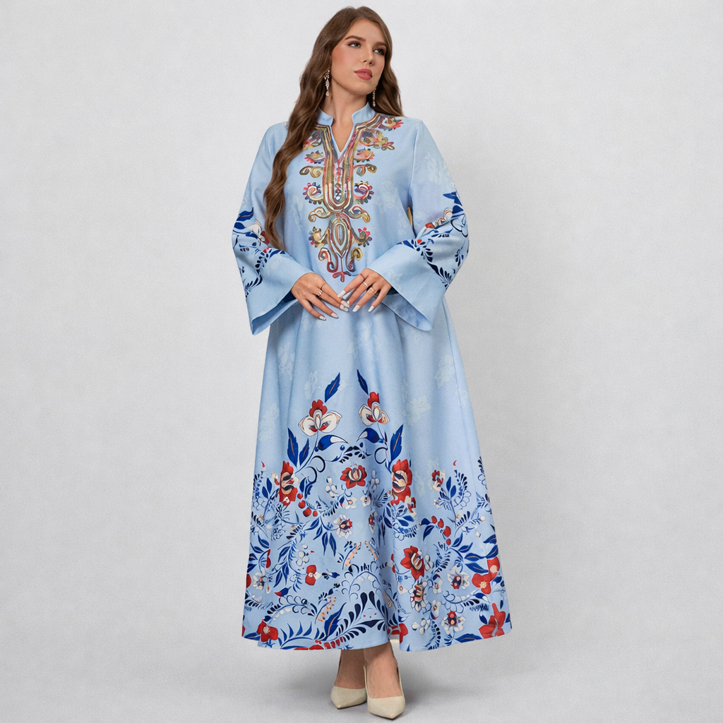 Elegant blue long sleeve embroidered maxi dress with geometric print and loose silhouette