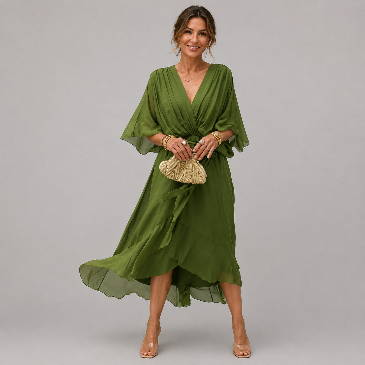 Women's Batwing-Sleeve V-Neck Chiffon Midi Dress - Flowing Summer Dress