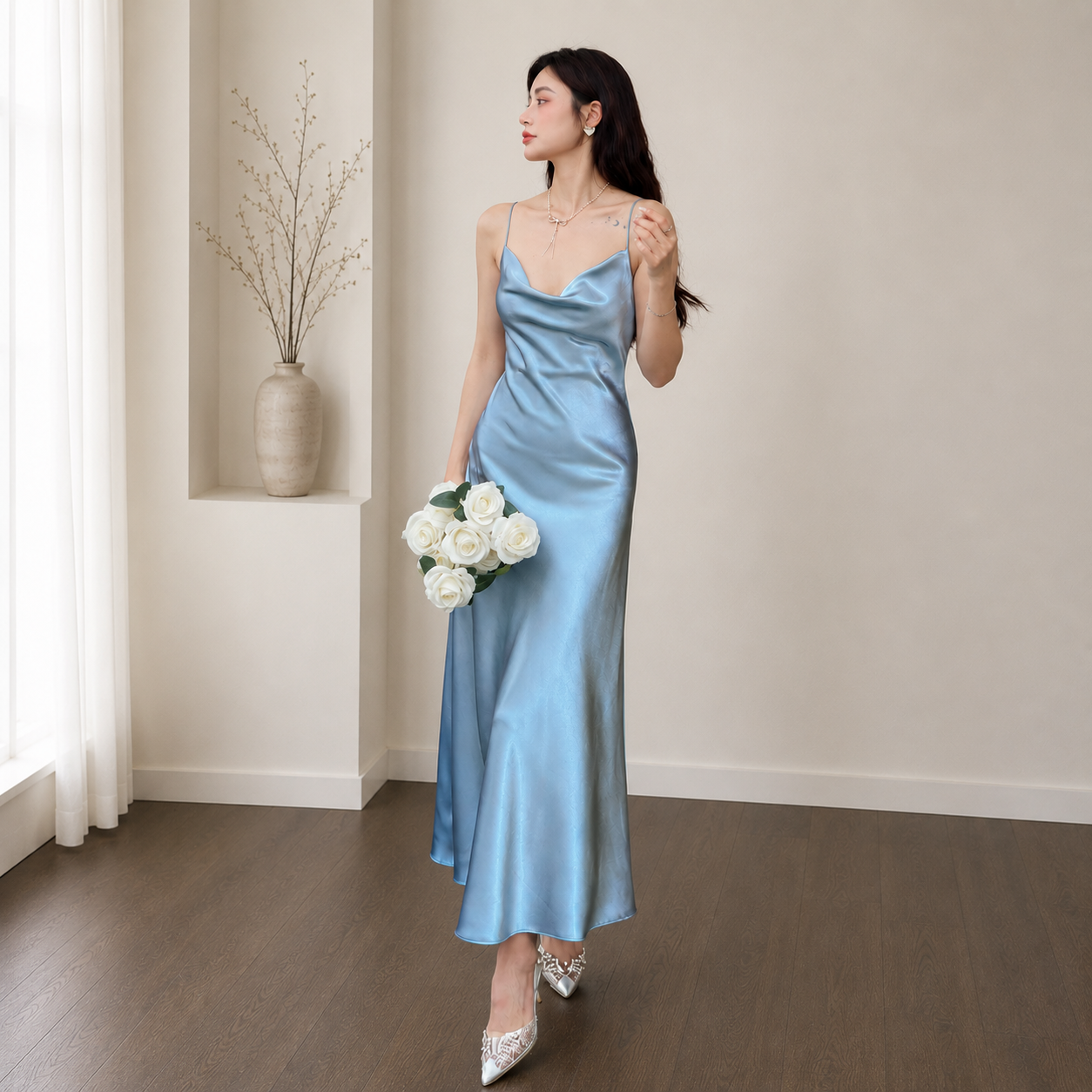 Women's Satin Cowl Neck Midi Dress _ Slip Evening Dress