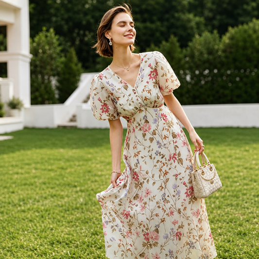 Women's Floral Mulberry Silk Maxi Dress - V-Neck A-Line Dress