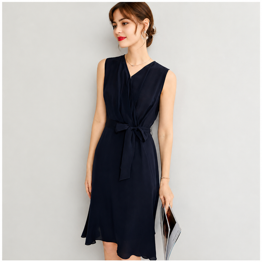 French-Inspired Mulberry Silk Sleeveless Midi Dress – Elegant V-Neck Waist-Tie A-Line Dress