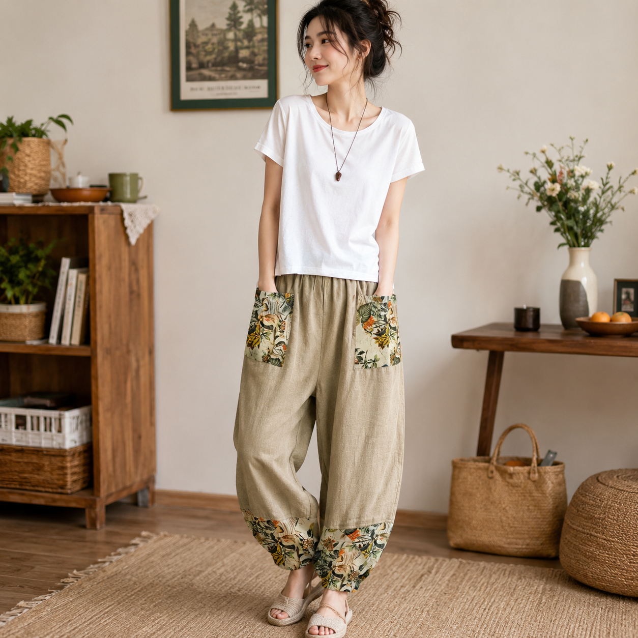 Women's Loose Casual Cotton-Linen Elastic-waist Cropped Pants