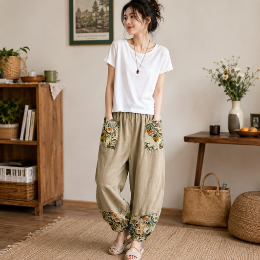 Women's Loose Casual Cotton-Linen Elastic-waist Cropped Pants