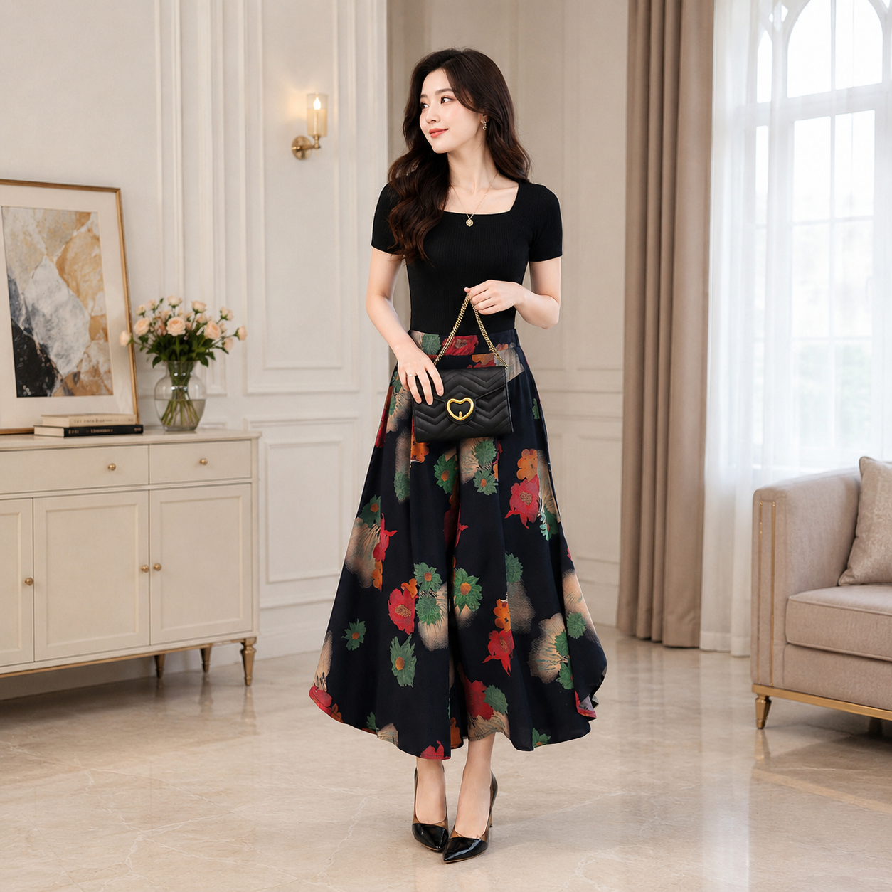 Women's High-Waist Printed Culottes - Casual Wide-Leg Cropped Pants