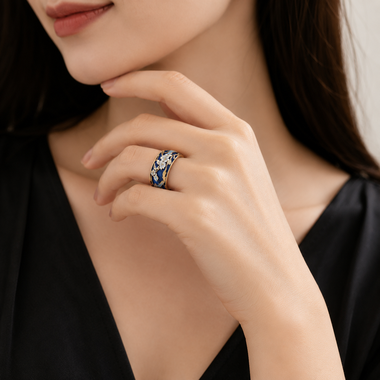 Gilded Enamel Floral And Bird Ring