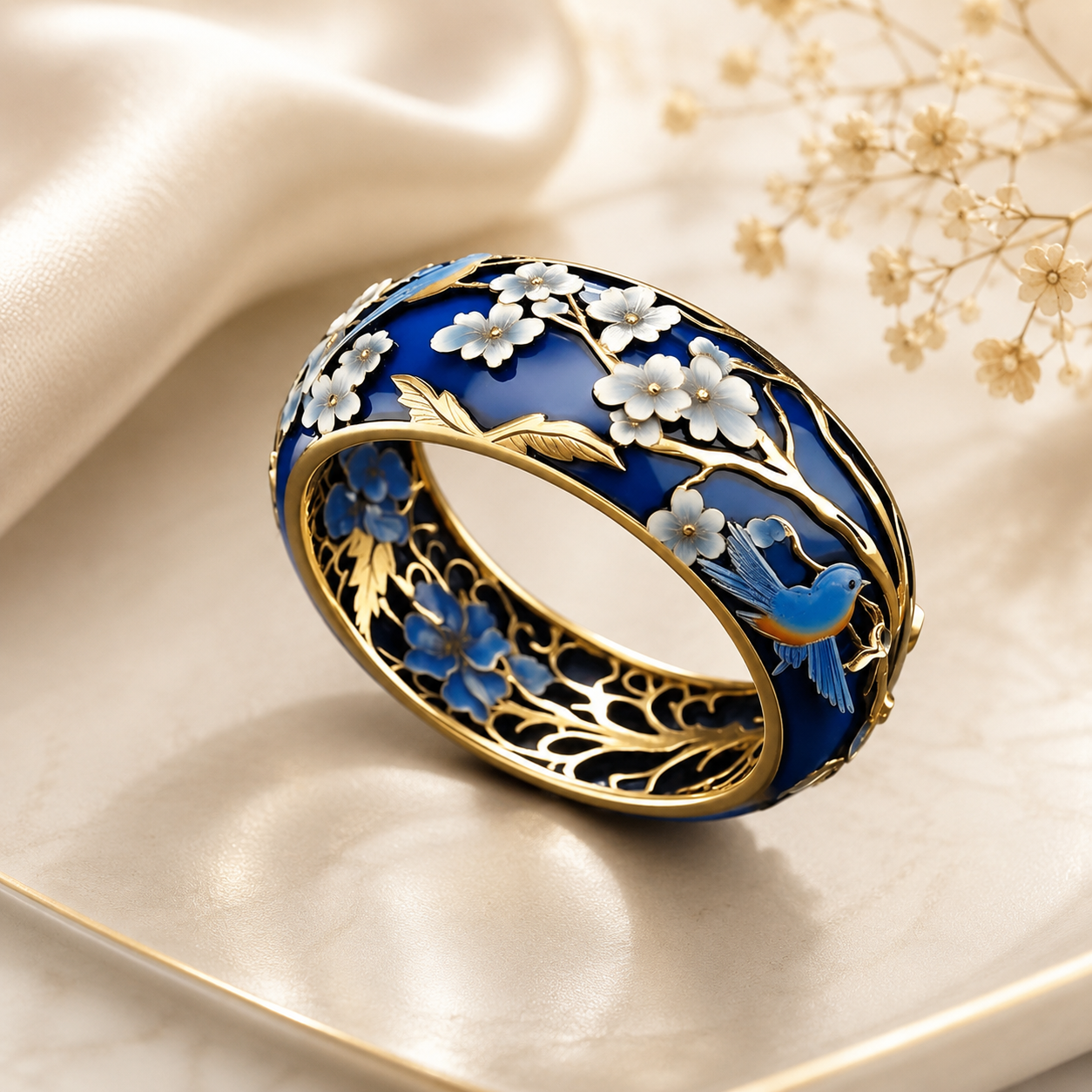 Gilded Enamel Floral And Bird Ring