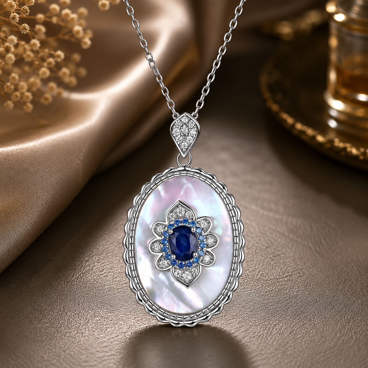 Vintage Sapphire & Mother of Pearl 925 Sterling Silver Pendant Necklace
