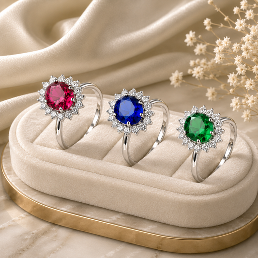 Royal Halo Gemstone Ring – 925 Sterling Silver