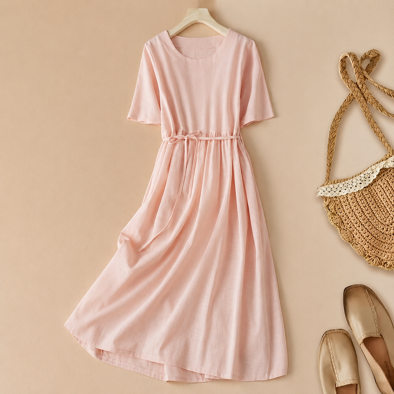 Women's Cotton Linen Midi Dress – Casual A-Line Dress with Adjustable Waist Tie