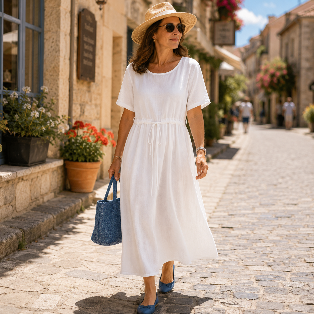 Women's Cotton Linen Midi Dress – Casual A-Line Dress with Adjustable Waist Tie