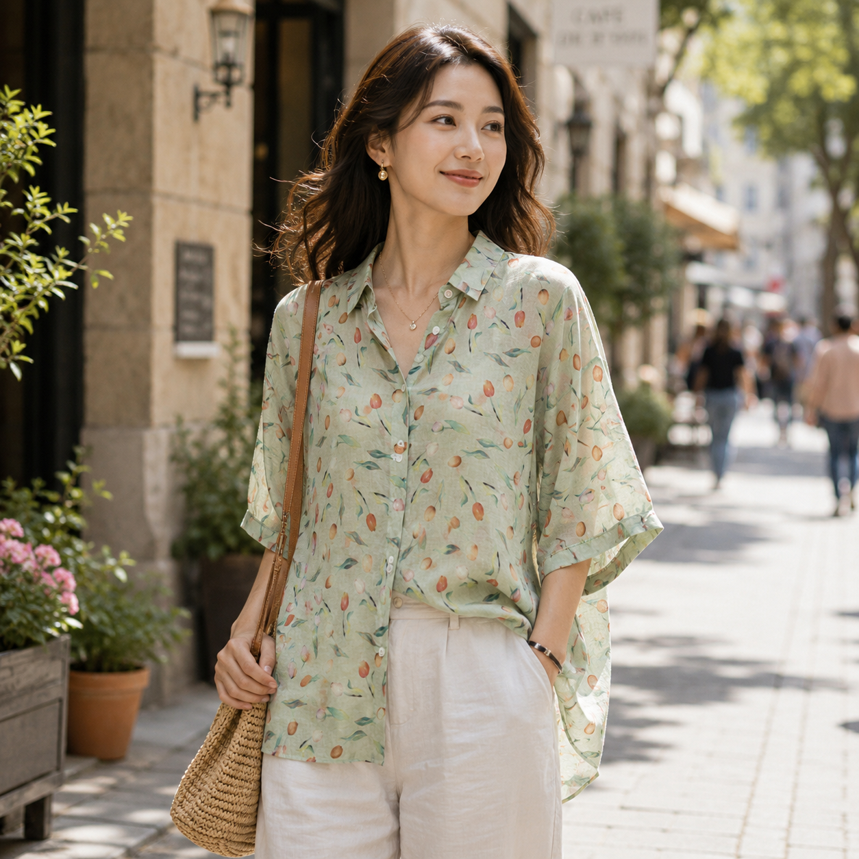 Vintage Botanical Print Relaxed Button-Up Shirt