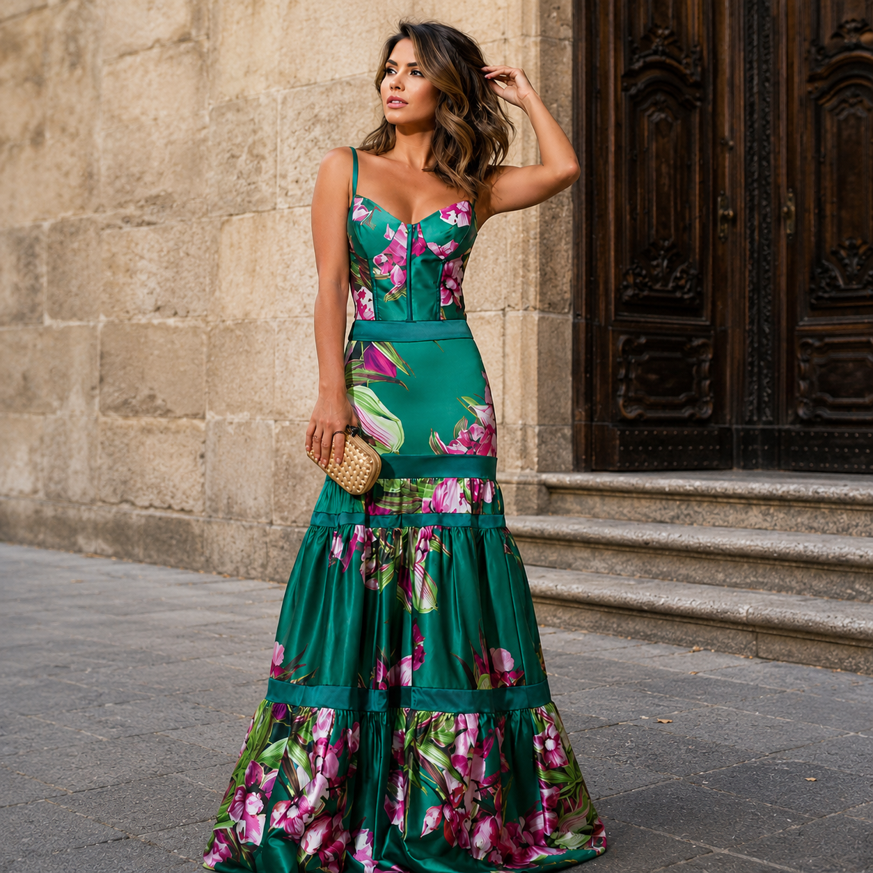 Women’s green floral mermaid maxi dress with spaghetti straps and tropical print