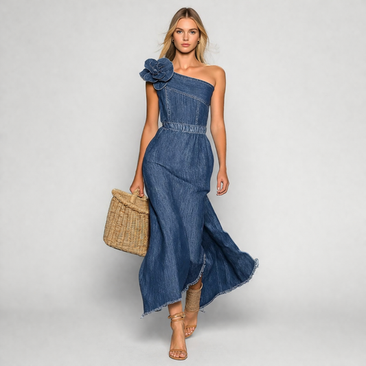 Strapless Denim Maxi Dress – Off-Shoulder 3D Floral A-Line Dress