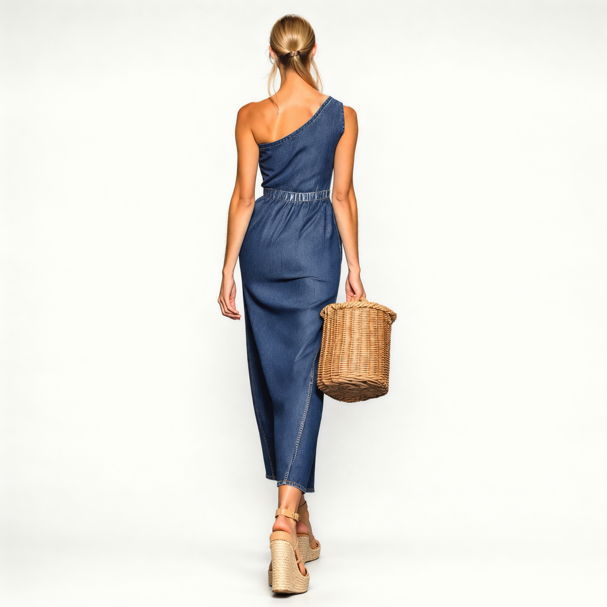 Strapless Denim Maxi Dress – Off-Shoulder 3D Floral A-Line Dress