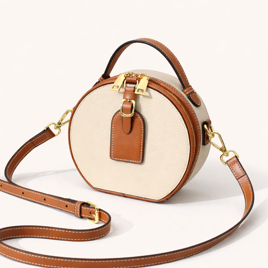 Genuine Leather Round Crossbody Bag – Mini Contrast Color Messenger Handbag