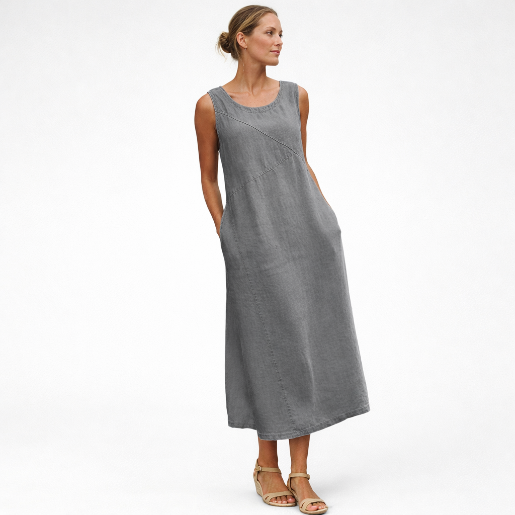Gray cotton linen sleeveless maxi dress with loose fit and round neckline for women.