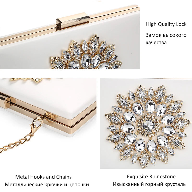 White Crystal Clutch Bag for Women – Luxury Bridal & Evening Purse | Elegant Small Crossbody Wedding Handbag