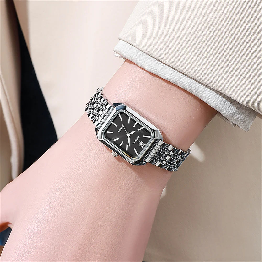 Luxury Gold-Plated Women’s Quartz Watch – Elegant Square Dial Stainless Steel Bracelet, Classic Business Fashion Timepiece