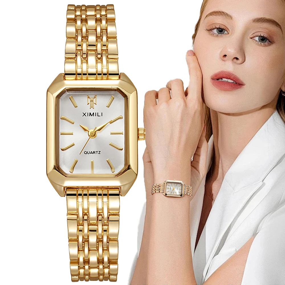 Model wearing luxury gold women’s quartz watch – perfect for business and evening wear
