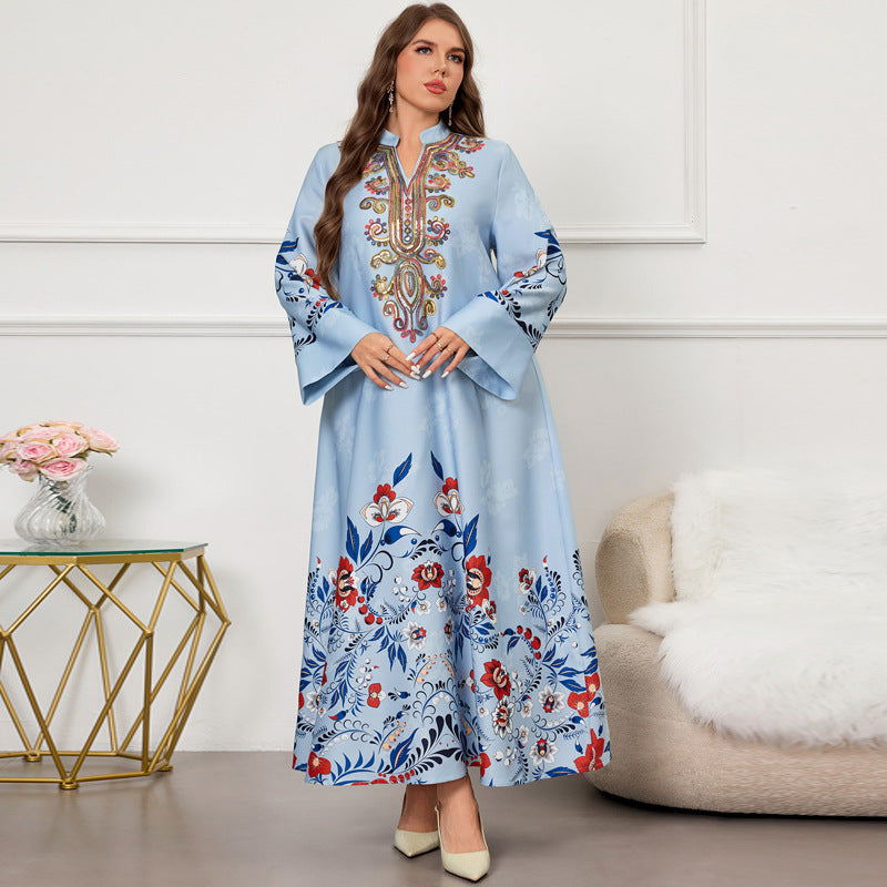 Blue Embroidered Maxi Dress – Long Sleeve Loose-Fit Printed