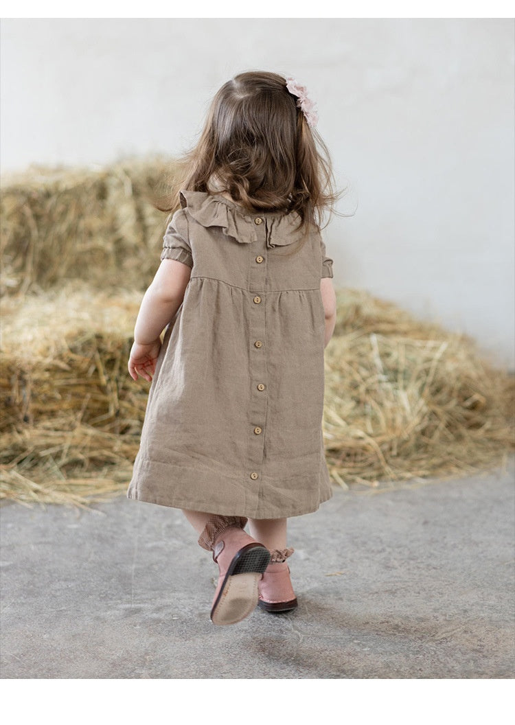 Toddler Girls Cotton Linen Ruffle Dress – Puff Sleeve Summer Dress