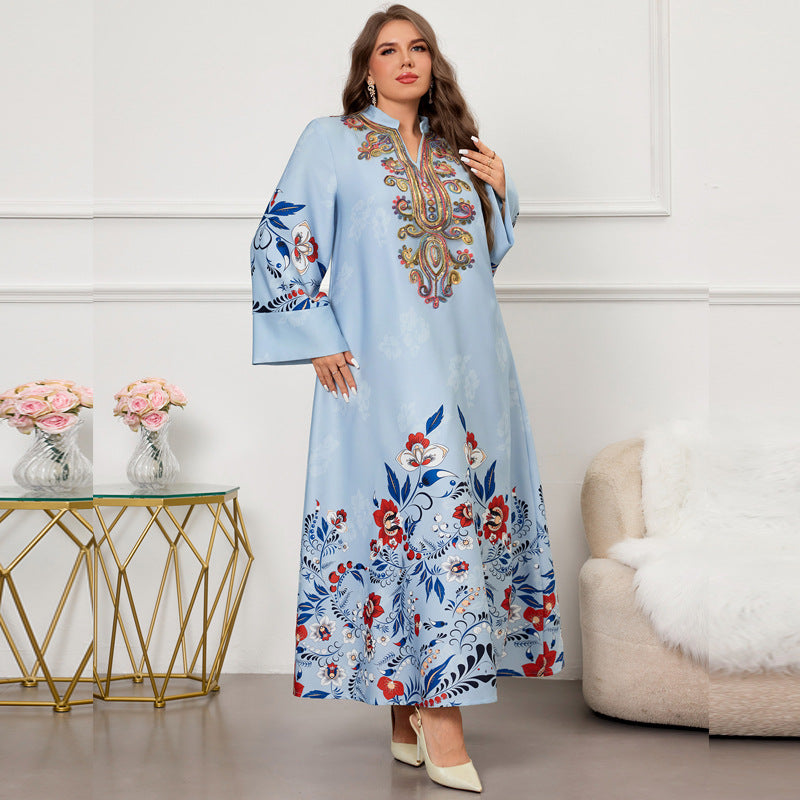Blue Embroidered Maxi Dress – Long Sleeve Loose-Fit Printed