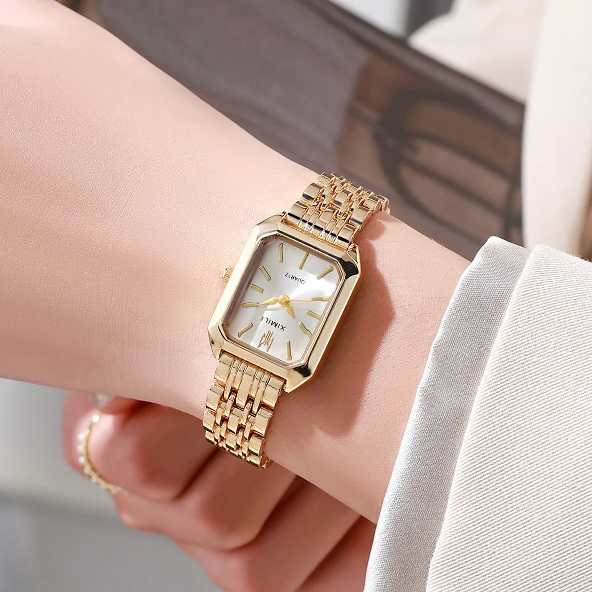 Luxury Gold-Plated Women’s Quartz Watch – Square Dial Stainless Steel Bracelet | Elegant Business Fashion Timepiece