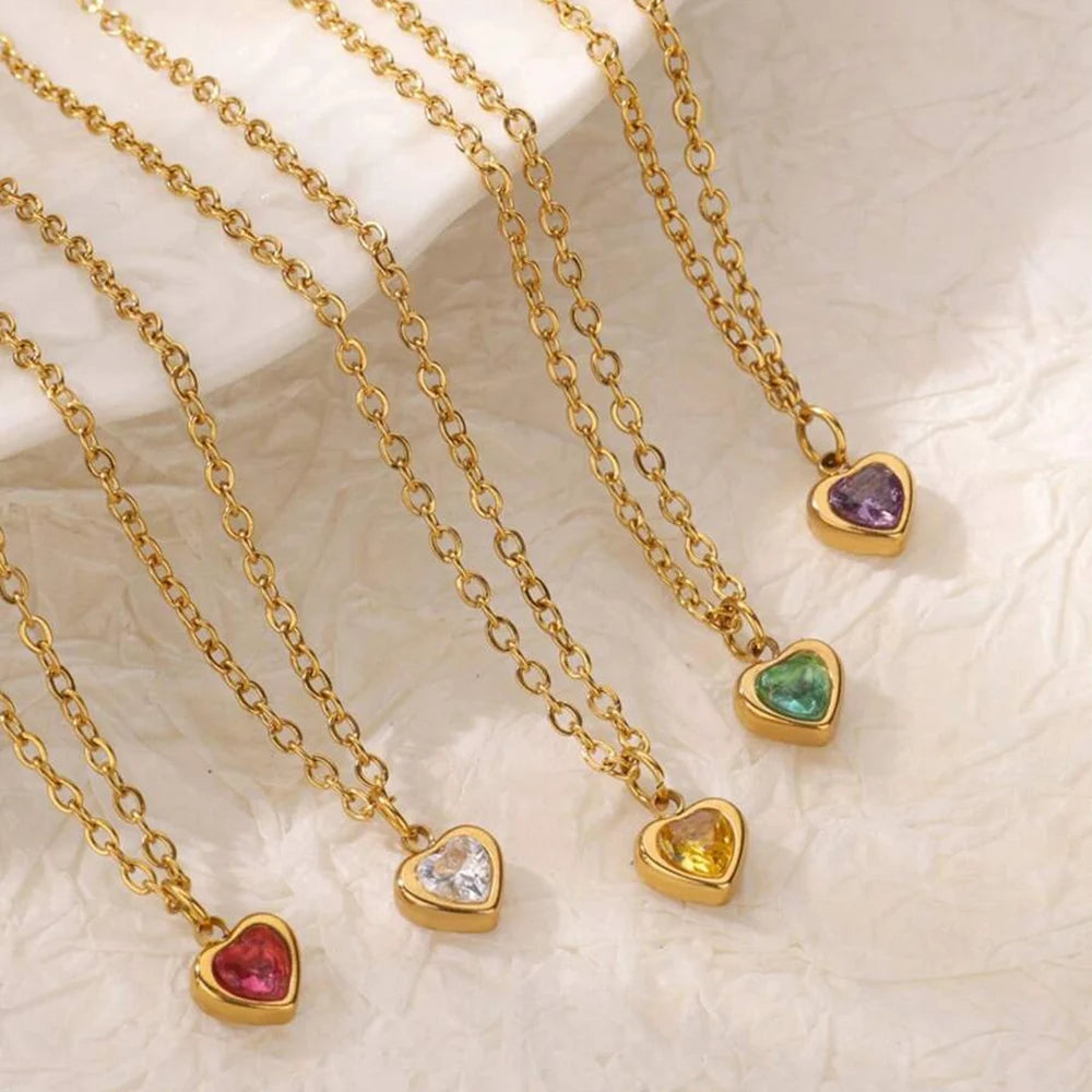 Tiny Heart Birthstone Necklace – Gold Stainless Steel Choker for Women | Minimalist Red Love Pendant, Birthday & Mama Gift