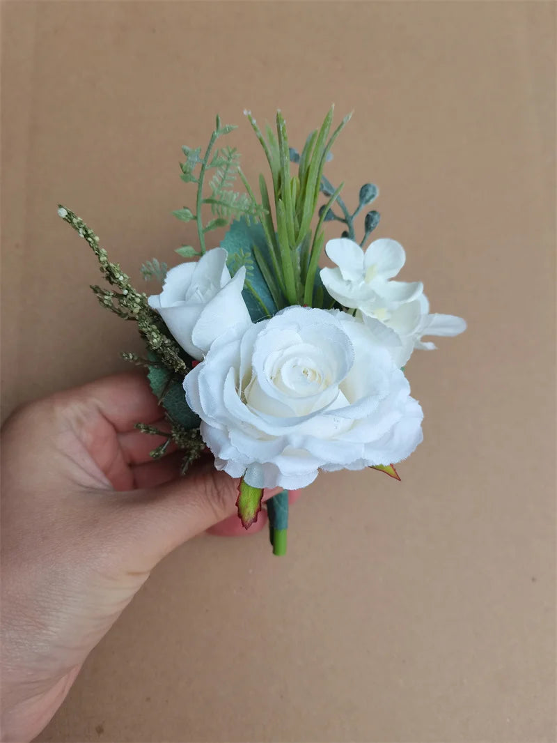 Boutonnieres Flowers Artificial White Roses Silk Ivory Corsage Buttonhole Groomsmen Boutonniere for Men Wedding Accessories