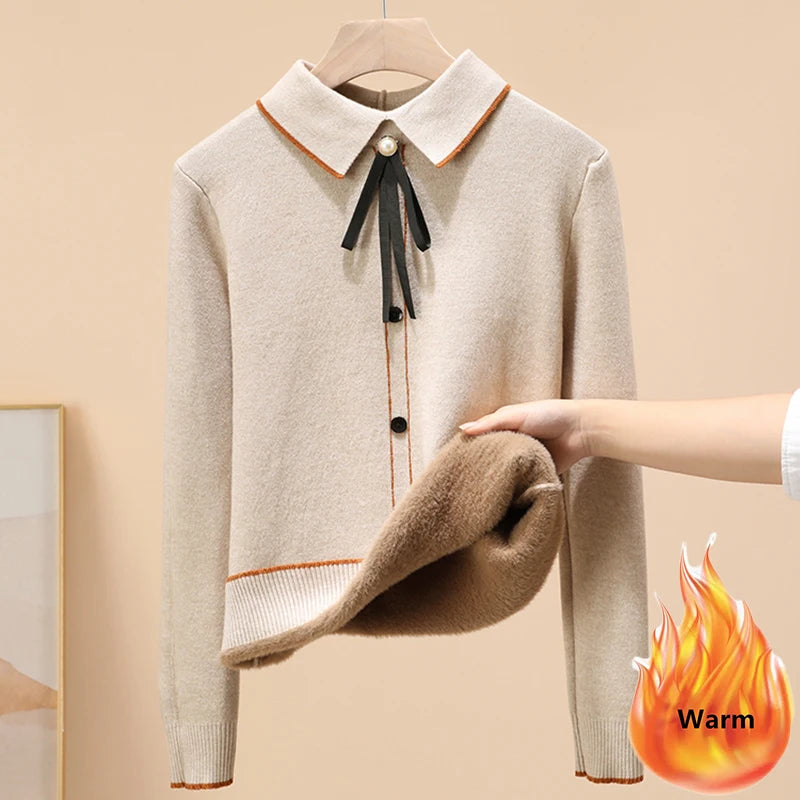 Women’s Plus Velvet Thick Polo Collar Sweater – Warm Knitted Pullover | Korean Winter Casual Slim Fit Jumper