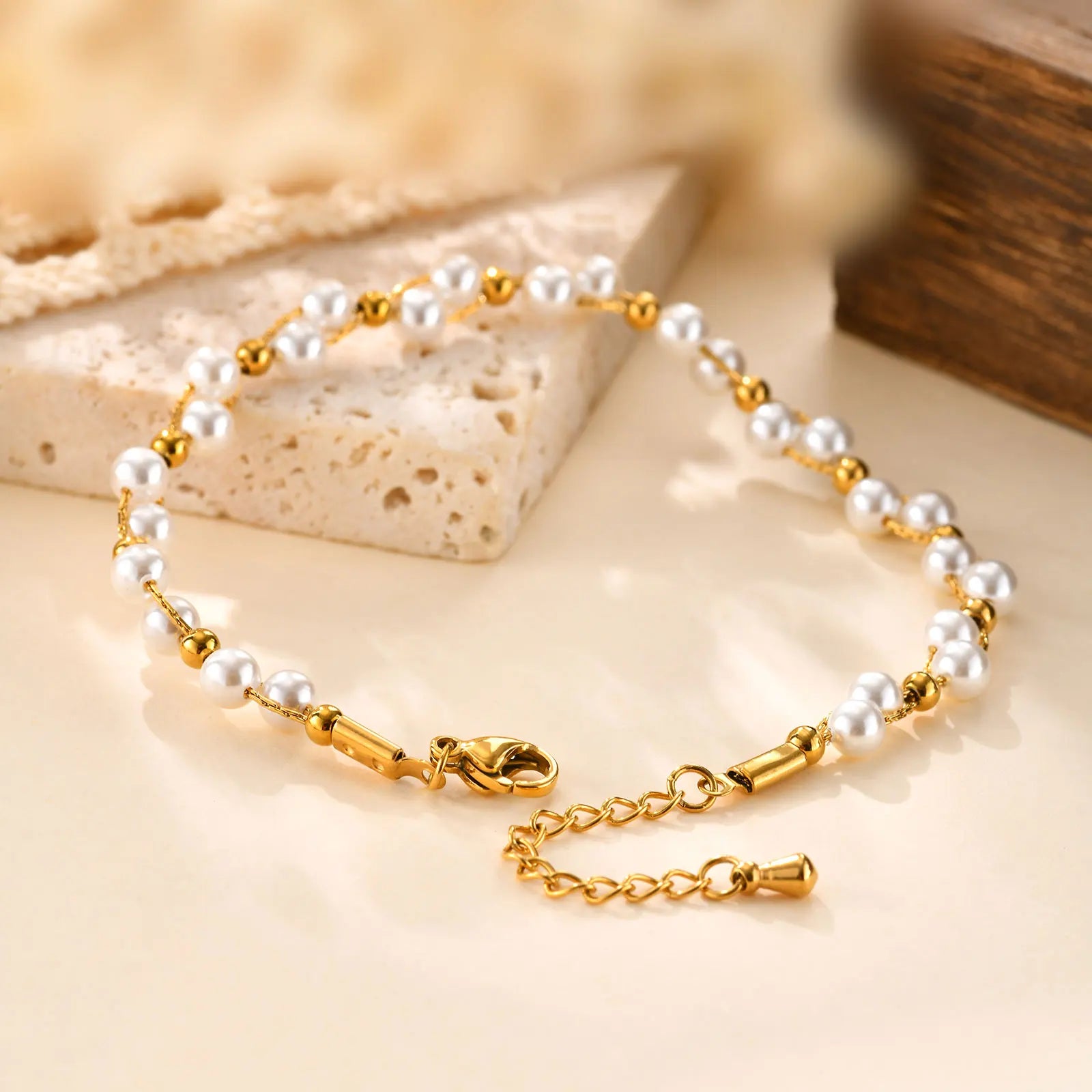 18K gold plated bead bracelet for women – light luxury stainless steel jewelry
