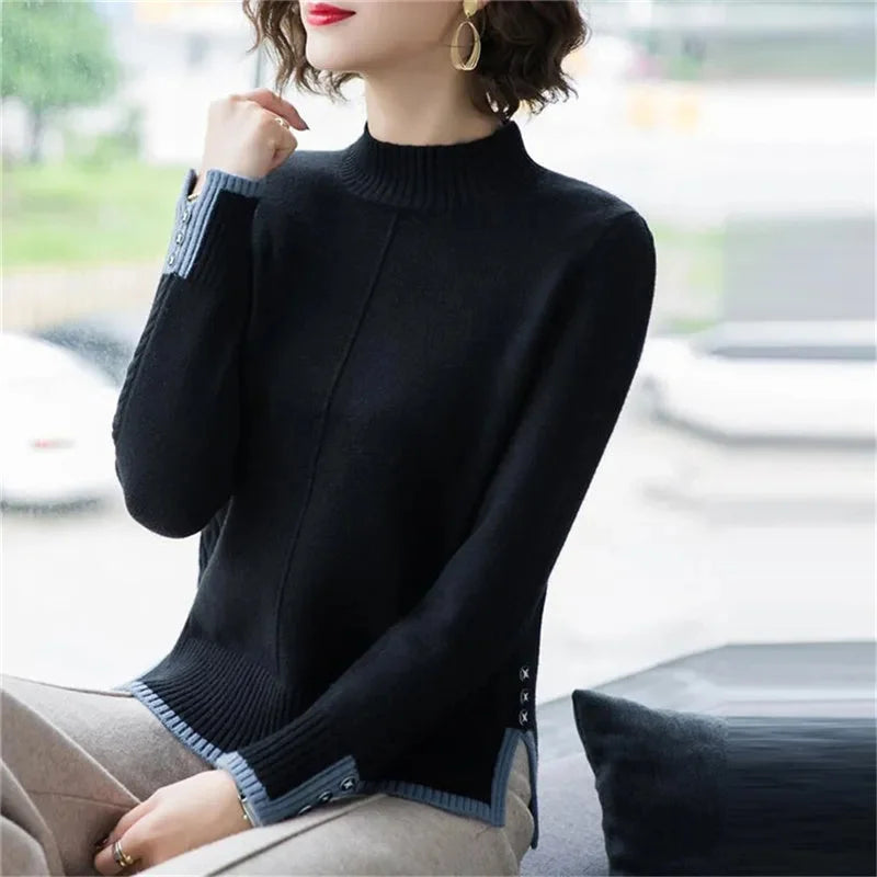 Stretch Knitted Turtleneck Sweater for Women – Soft Slim Fit Long Sleeve Pullover | Spring & Autumn Base Layer Top