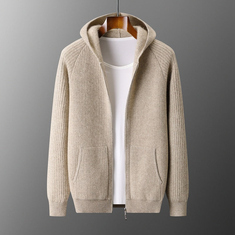 Front view of the light-camel men’s hooded zip cardigan with textured knit and patch pockets