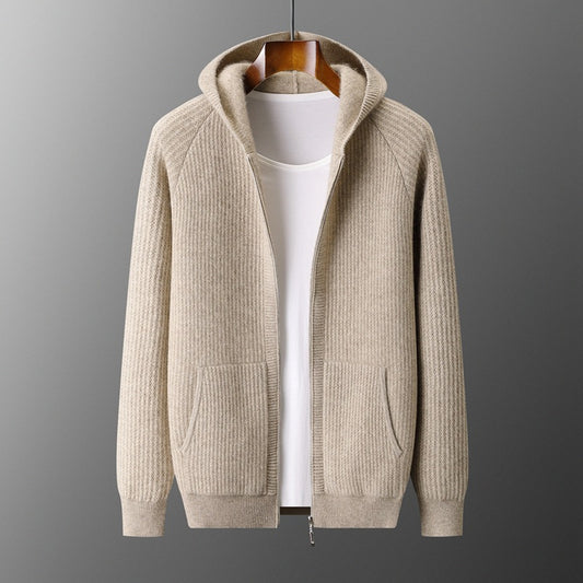 Front view of the light-camel men’s hooded zip cardigan with textured knit and patch pockets