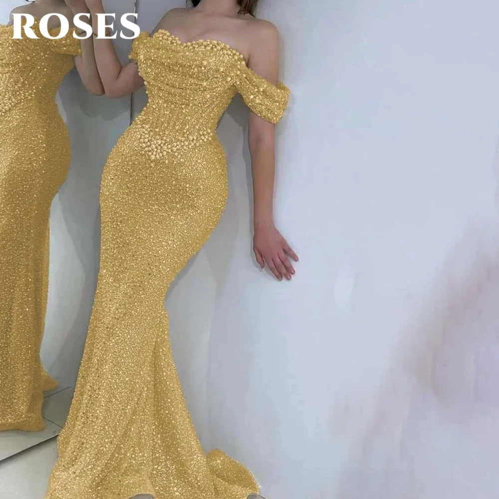 ROSES Pearl Gorgeous Prom Dress Sweetheart Off the Shoulder Hollow Prom Gown with Fishbone Shiny Sequins Formal Gown Customized