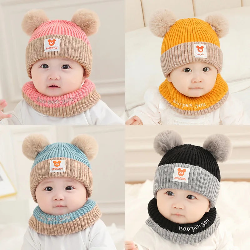 Baby wearing bear-ear knit hat and matching scarf in multiple colors